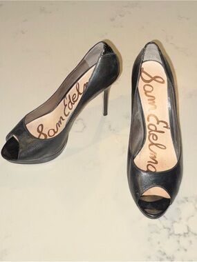 Sam Edelman Black Leather Peep-Toe Stiletto Heels
